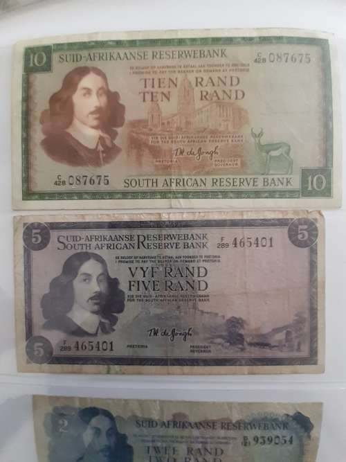 TW de Jongh Set of R1, R2, R5 and R10 South African Banknotes
